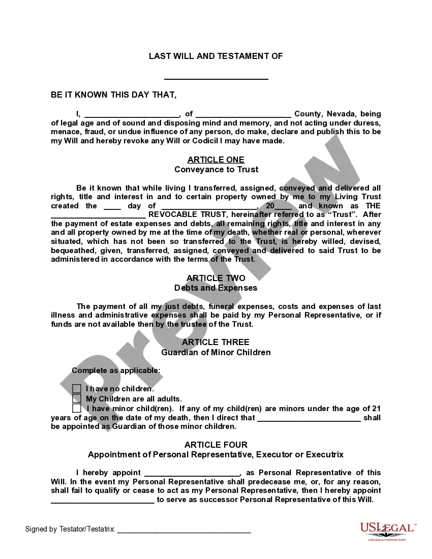 Preview Last Will and Testament with All Property to Trust called a Pour Over Will