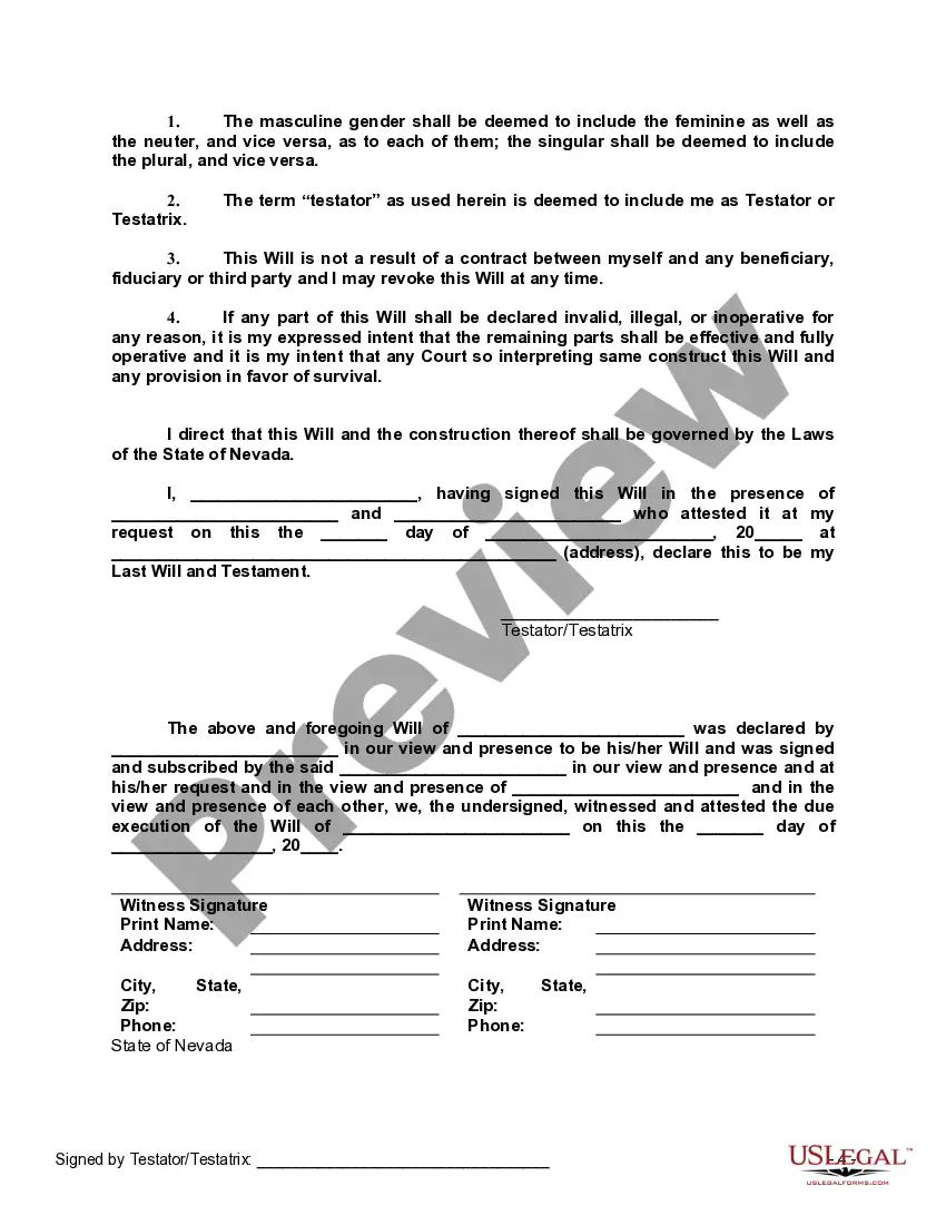 Preview Last Will and Testament with All Property to Trust called a Pour Over Will