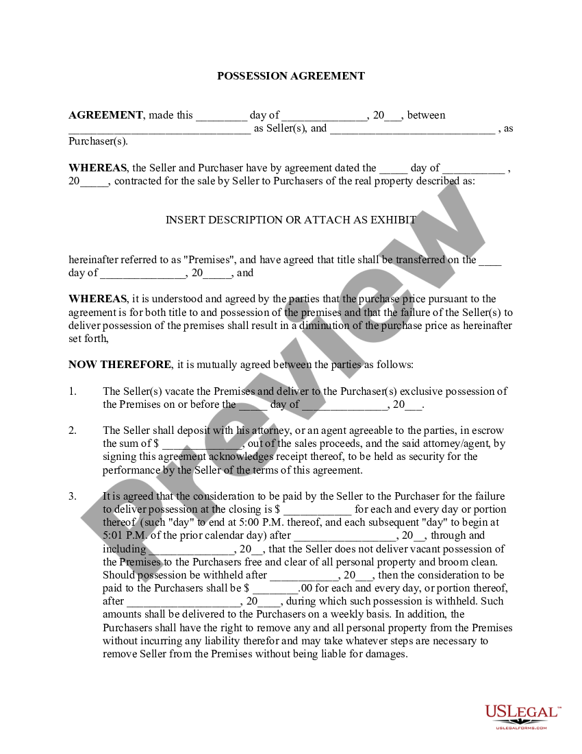 New York Possession Agreement By Seller - New York Possession | US ...