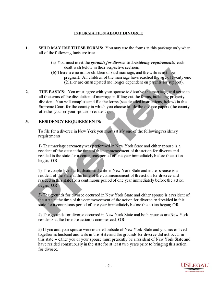 Get New York Uncontested Divorce Package for Dissolution of Marriage with Adult Children With or without Property and Debts Preview New York Uncontested Divorce Package for Dissolution of Marriage with Adult Children With or without Property and Debts