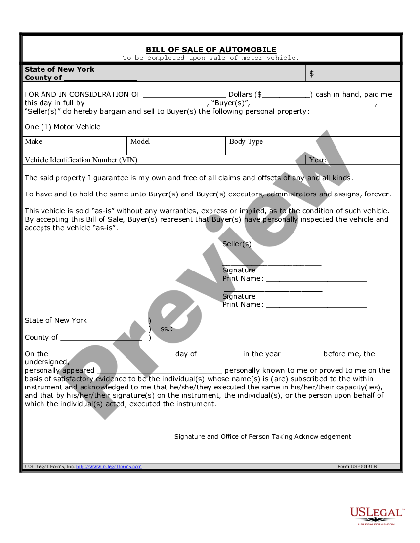 New York Bill Of Sale Of Automobile And Odometer Statement For As Bill Sale Form Contract Us 0708