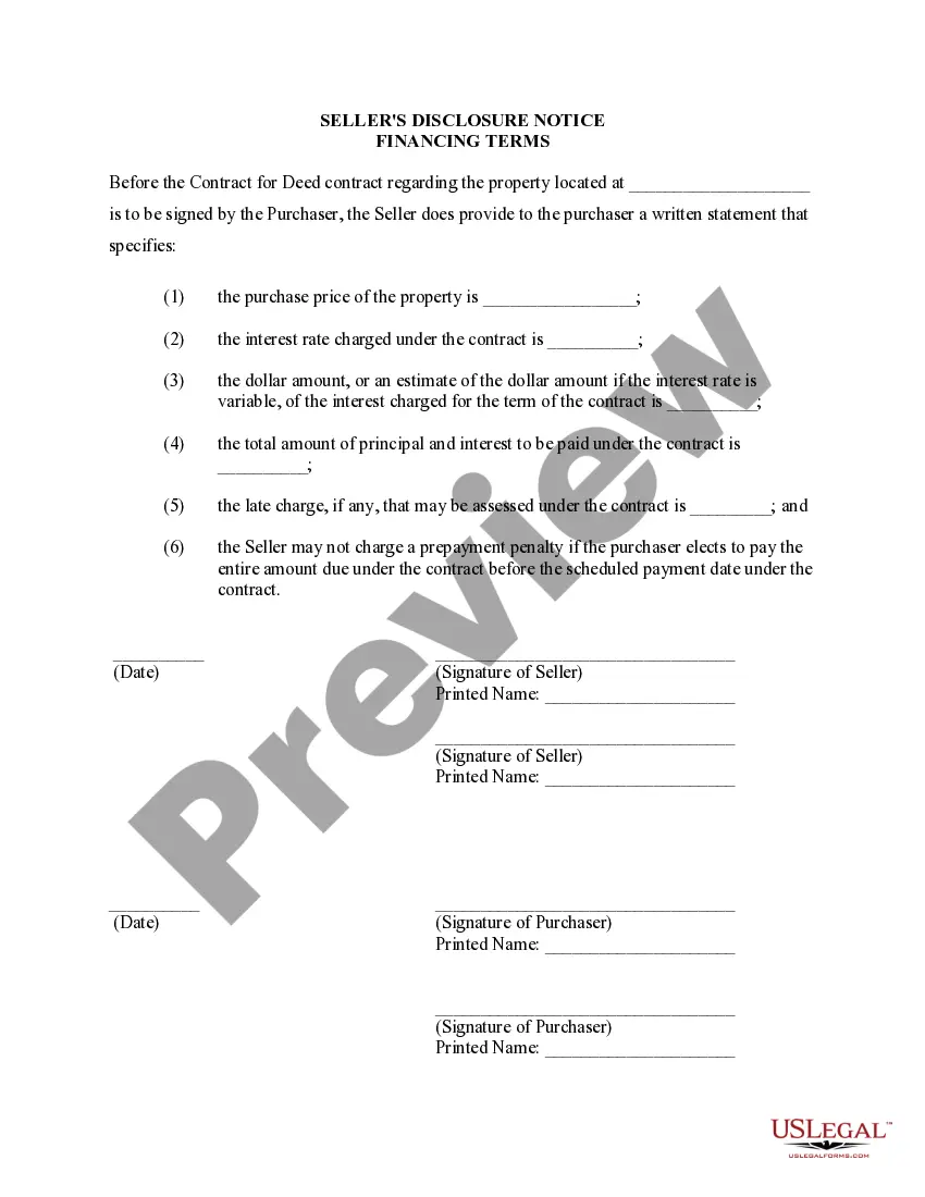 Preview Seller's Disclosure of Financing Terms for Residential Property in connection with Contract or Agreement for Deed a/k/a Land Contract
