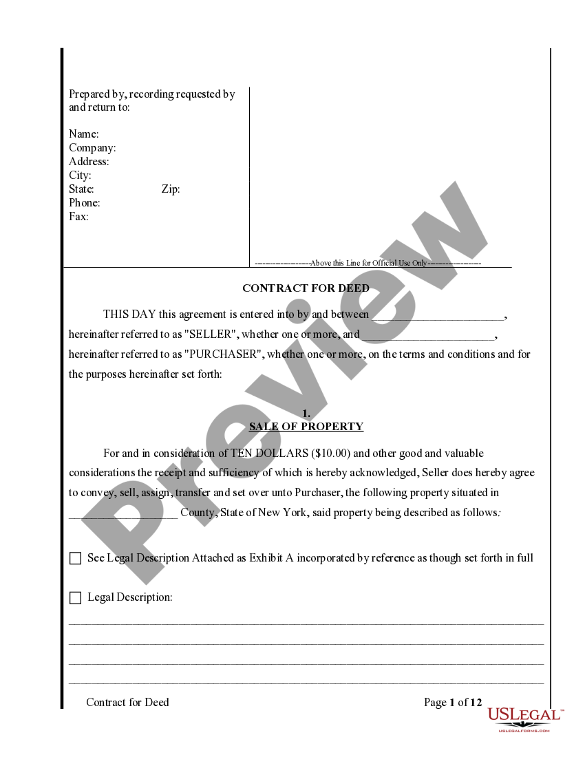 New York Agreement or Contract for Deed for Sale and Purchase of Real
