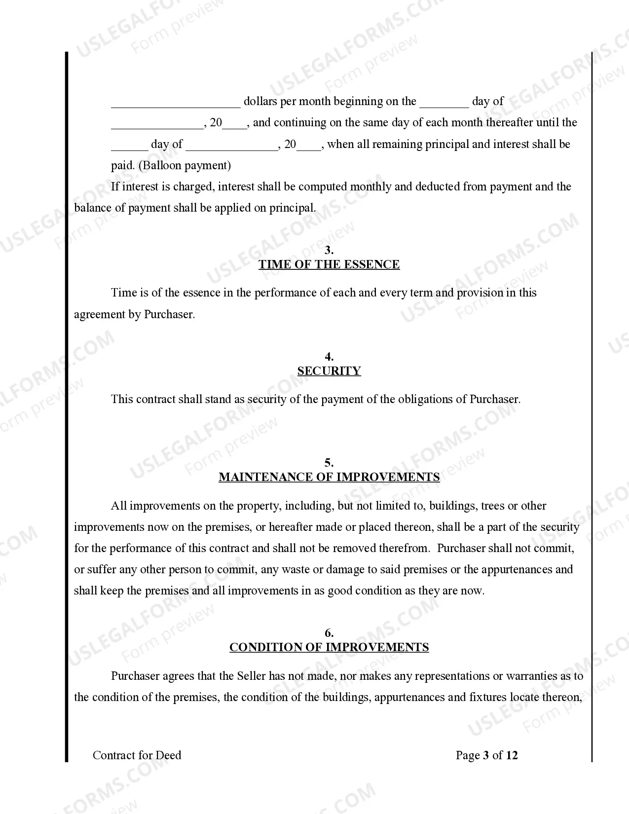 Preview Agreement or Contract for Deed for Sale and Purchase of Real Estate a/k/a Land or Executory Contract