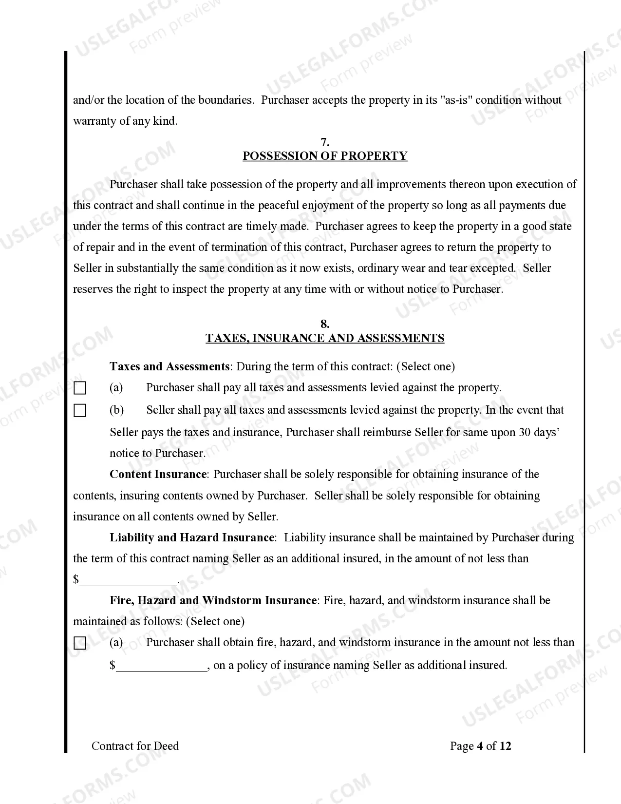 Preview Agreement or Contract for Deed for Sale and Purchase of Real Estate a/k/a Land or Executory Contract