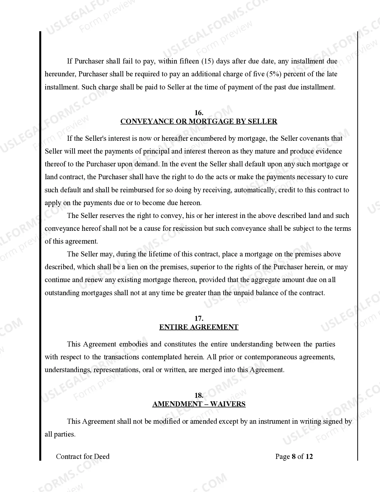 Preview Agreement or Contract for Deed for Sale and Purchase of Real Estate a/k/a Land or Executory Contract