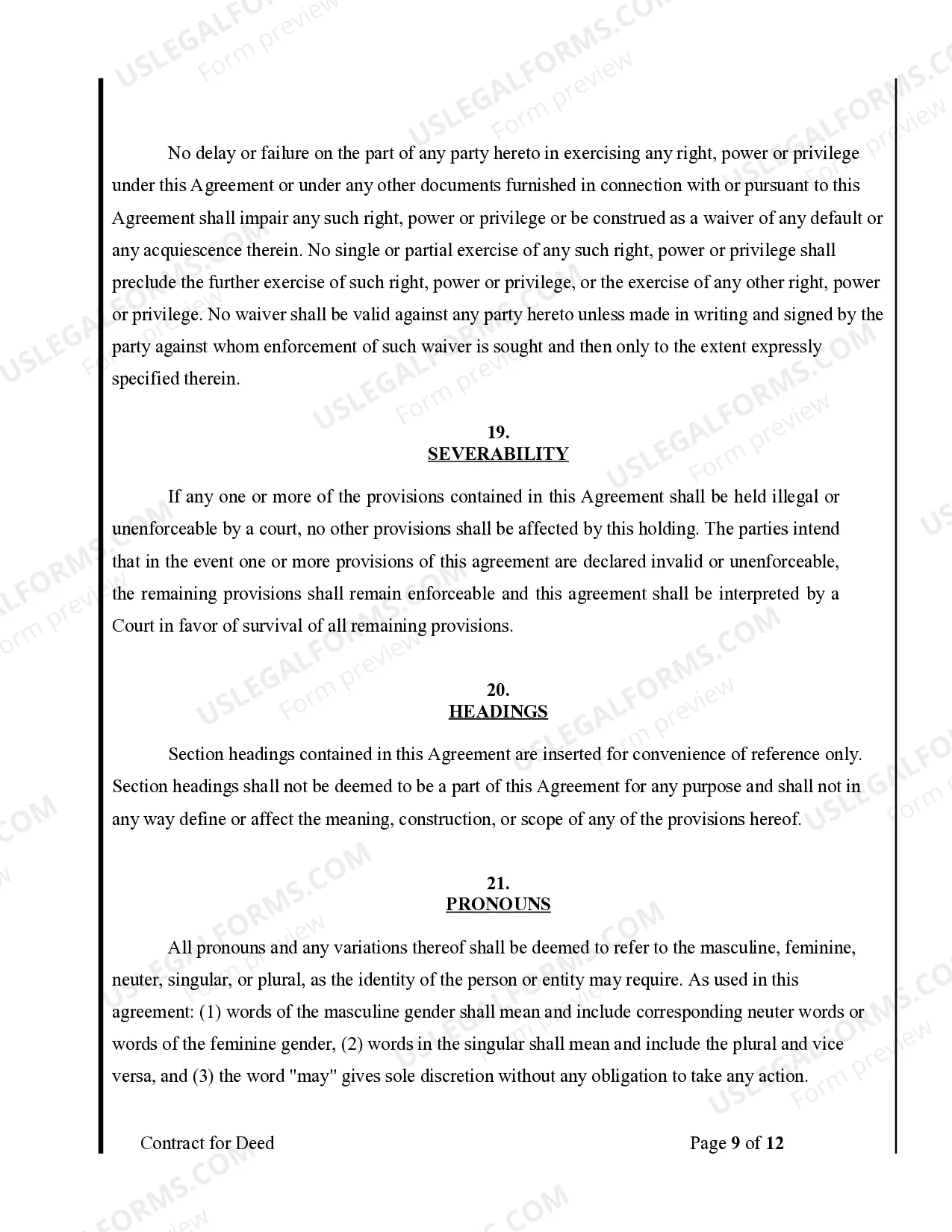 Preview Agreement or Contract for Deed for Sale and Purchase of Real Estate a/k/a Land or Executory Contract