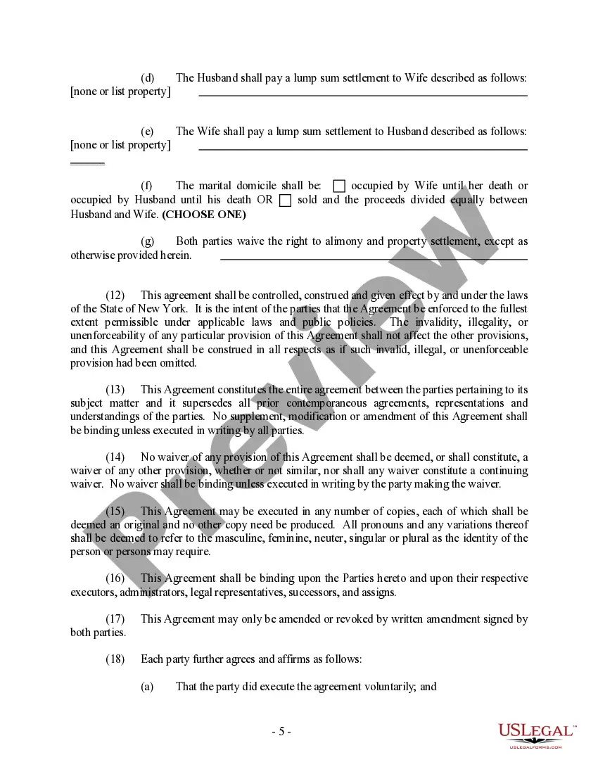 Preview New York Prenuptial Premarital Agreement with Financial Statements