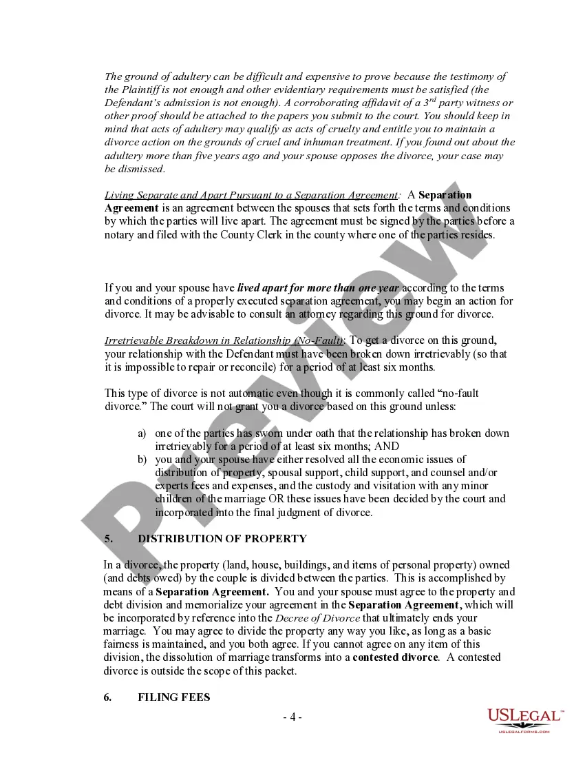 Get New York Uncontested Divorce Package for Dissolution of Marriage with No Children With or without Property and Debts Property and / or Debts Preview New York Uncontested Divorce Package for Dissolution of Marriage with No Children With or without Property and Debts Property and / or Debts