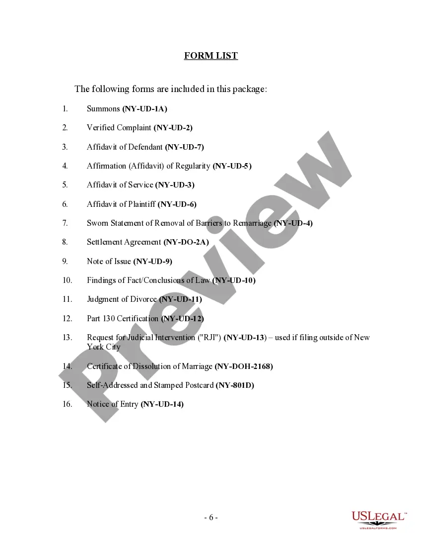 Get New York Uncontested Divorce Package for Dissolution of Marriage with No Children With or without Property and Debts Property and / or Debts Preview New York Uncontested Divorce Package for Dissolution of Marriage with No Children With or without Property and Debts Property and / or Debts