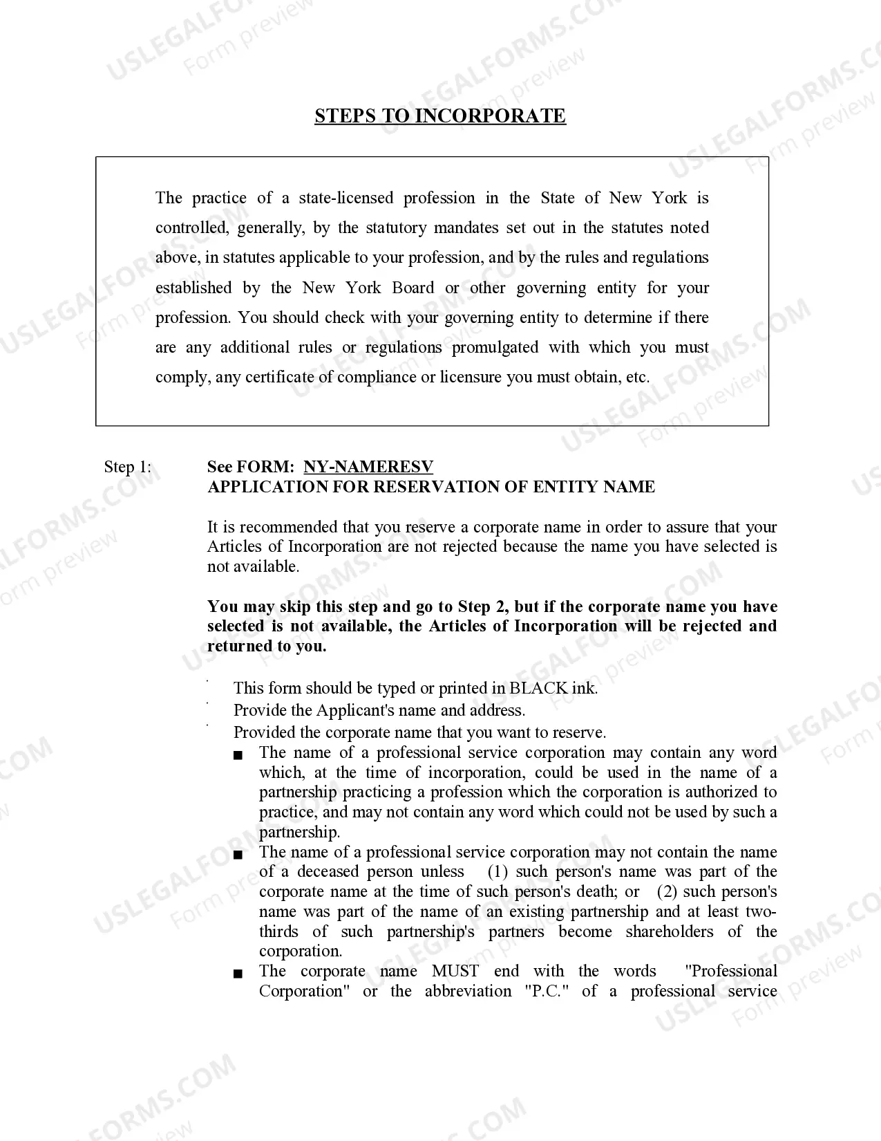Preview Professional Corporation Package for New York