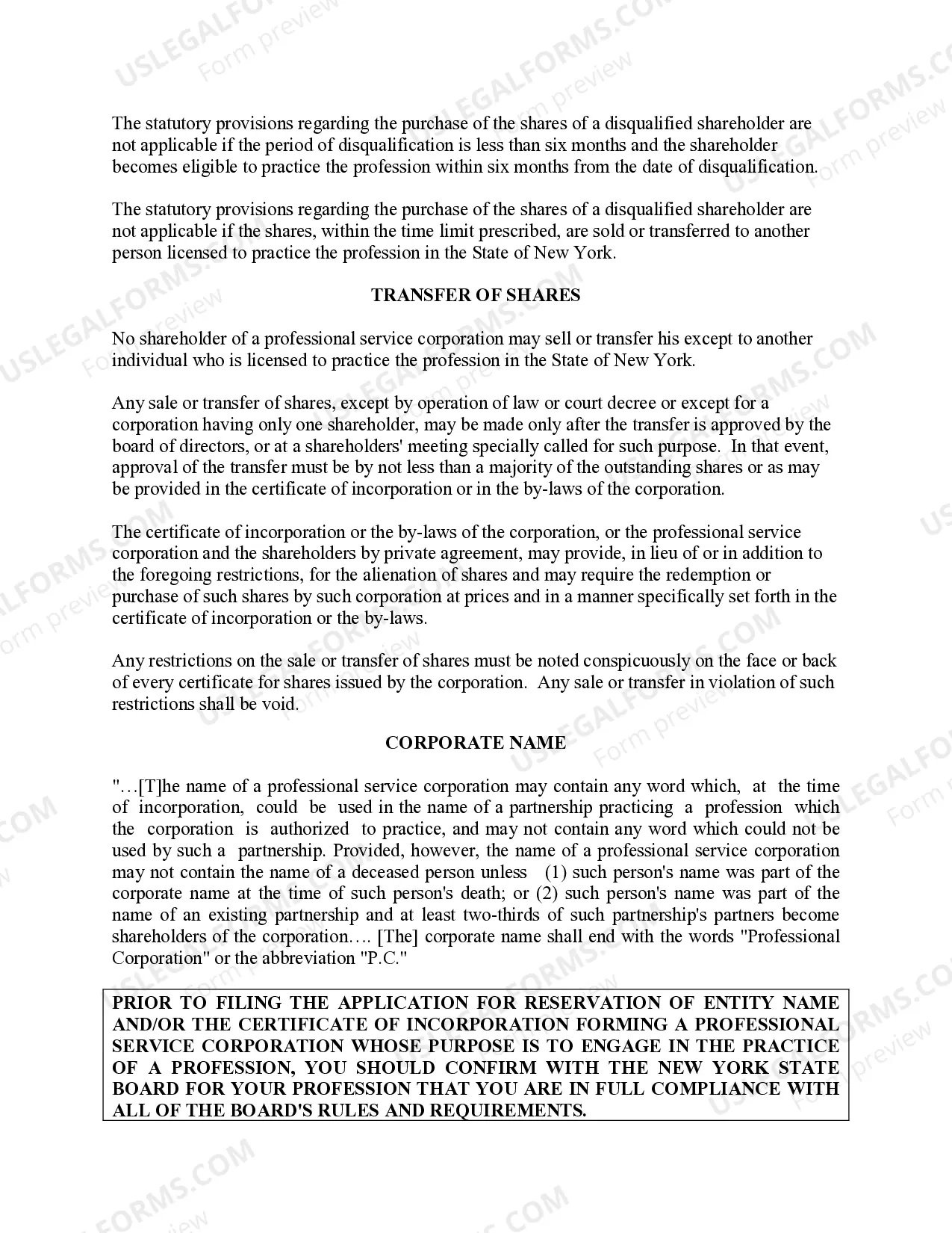 Preview Professional Corporation Package for New York