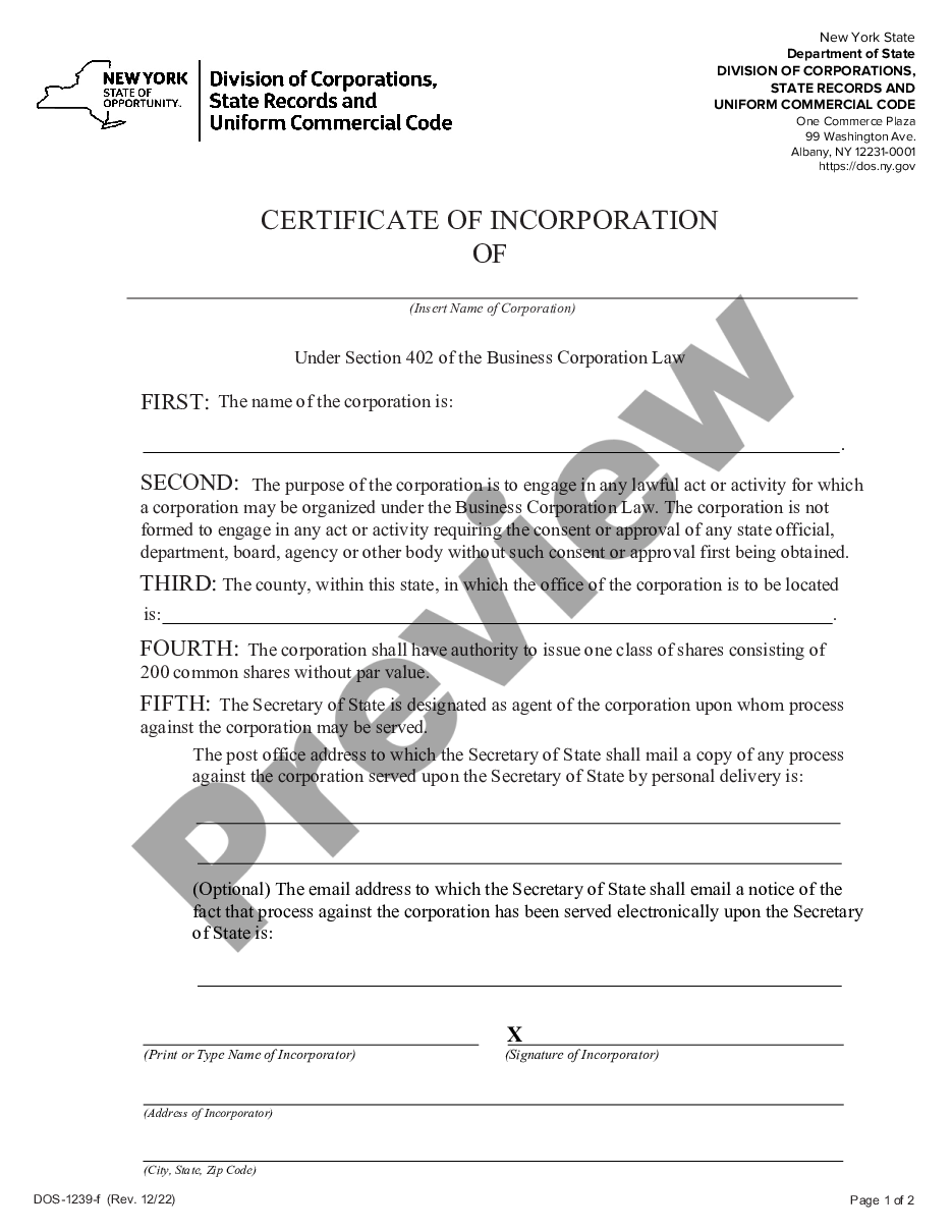 page 1 New York Articles of Incorporation Certificate - Domestic For-Profit Corporation preview