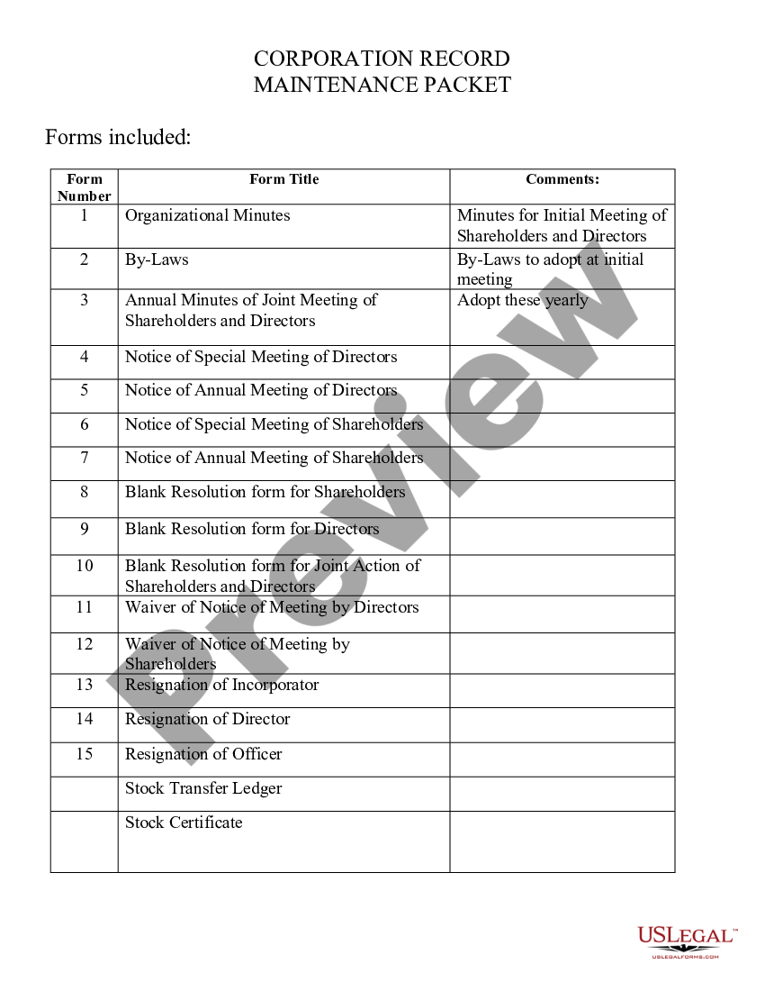 page 0 Corporate Records Maintenance Package for Existing Corporations preview