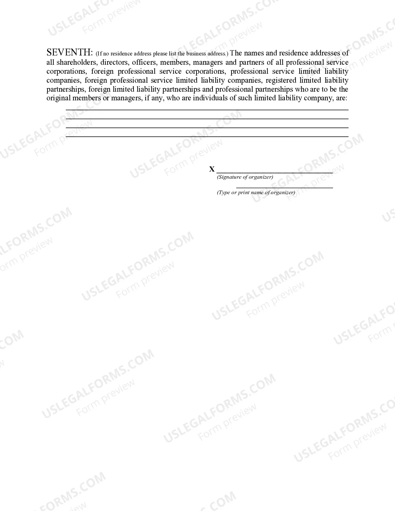 Preview New York Articles of Organization for Professional Service LLC - PSLLC