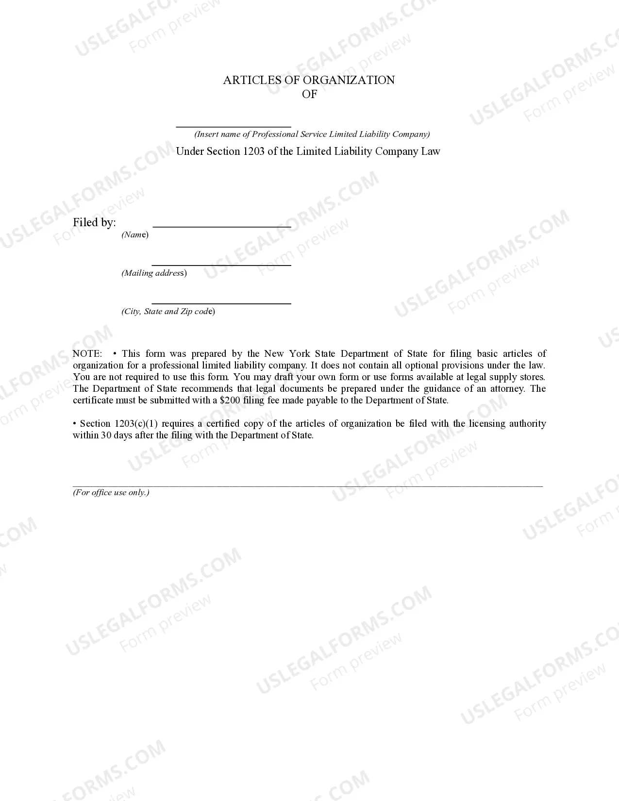 Preview New York Articles of Organization for Professional Service LLC - PSLLC