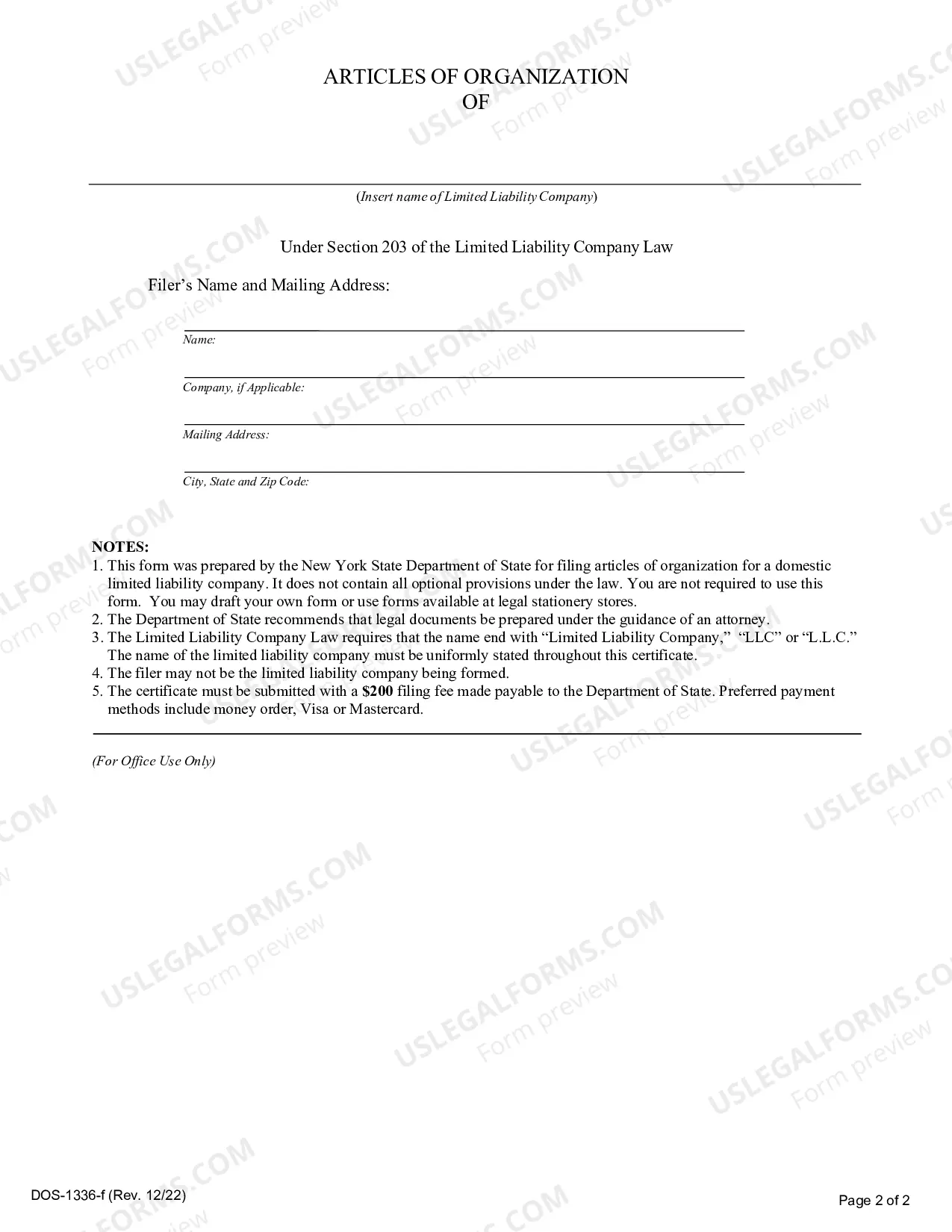 Preview New York Articles of Organization for Domestic Limited Liability Company LLC