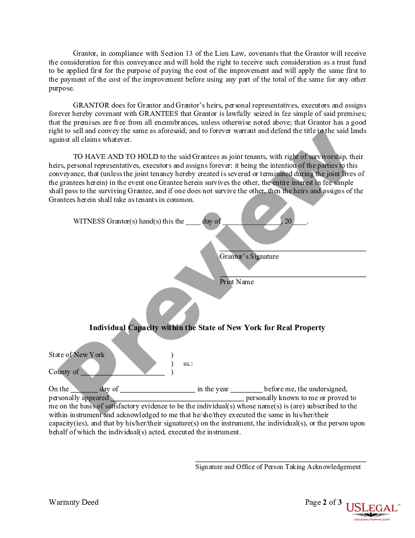 New York Warranty Deed From Individual To Husband And Wife What Does A House Deed Look Like