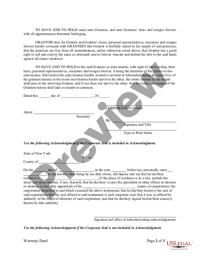 New York Warranty Deed From Corporation To Husband And Wife New York Warranty Us Legal Forms 6650