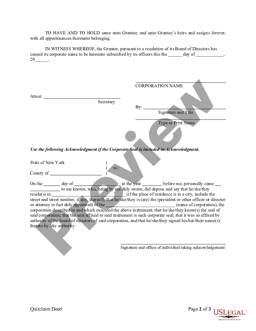 New York Quitclaim Deed from Corporation to Individual | US Legal Forms