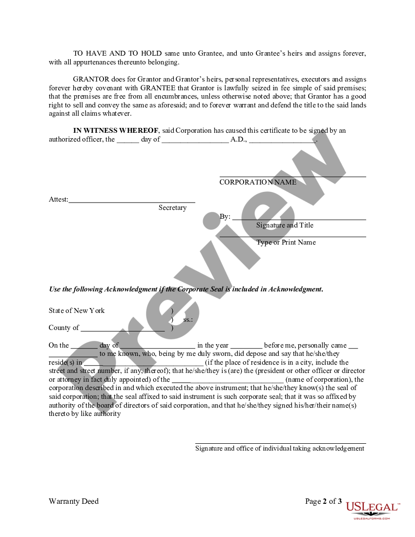 New York Warranty Deed From Corporation To Individual New York Warranty Us Legal Forms 2911