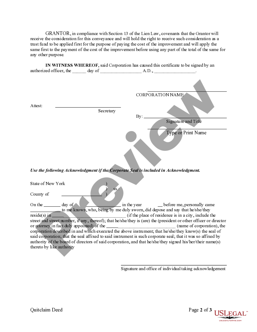 Nassau New York Quitclaim Deed from Corporation to LLC Limited
