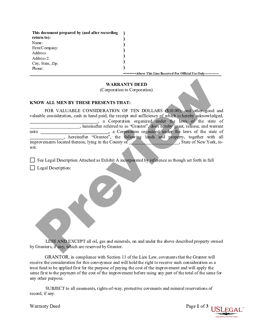 New York Warranty Deed From Corporation To Corporation New York Warranty Us Legal Forms 8759