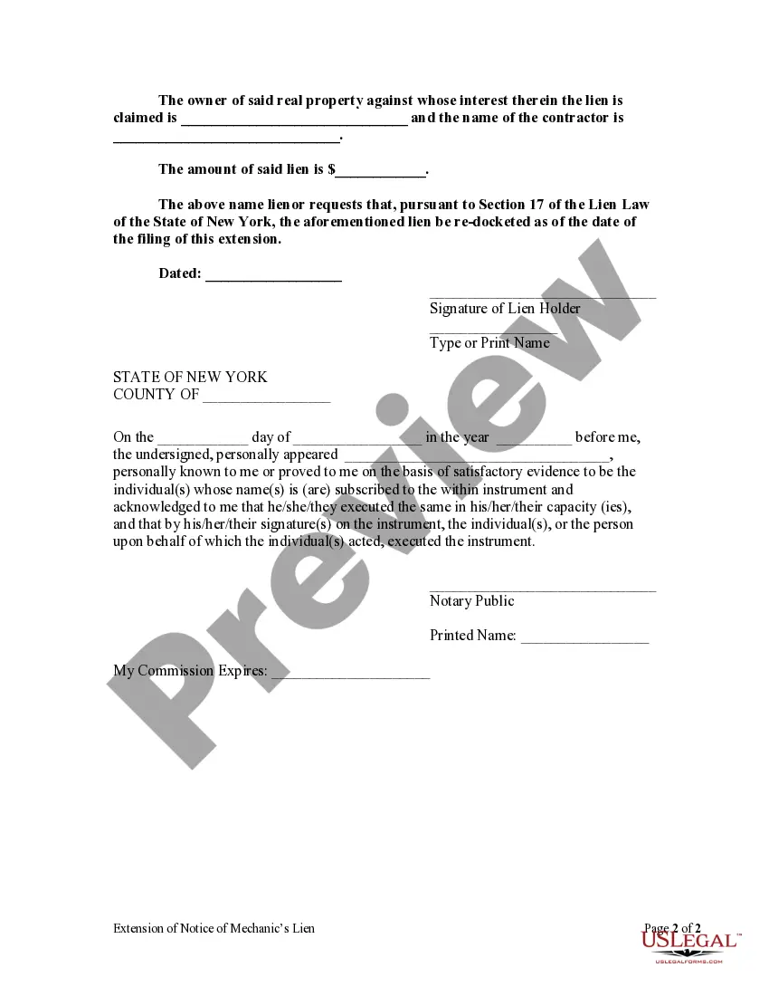 Get Extension of Notice of Mechanic's Lien - Individual Preview Extension of Notice of Mechanic's Lien - Individual