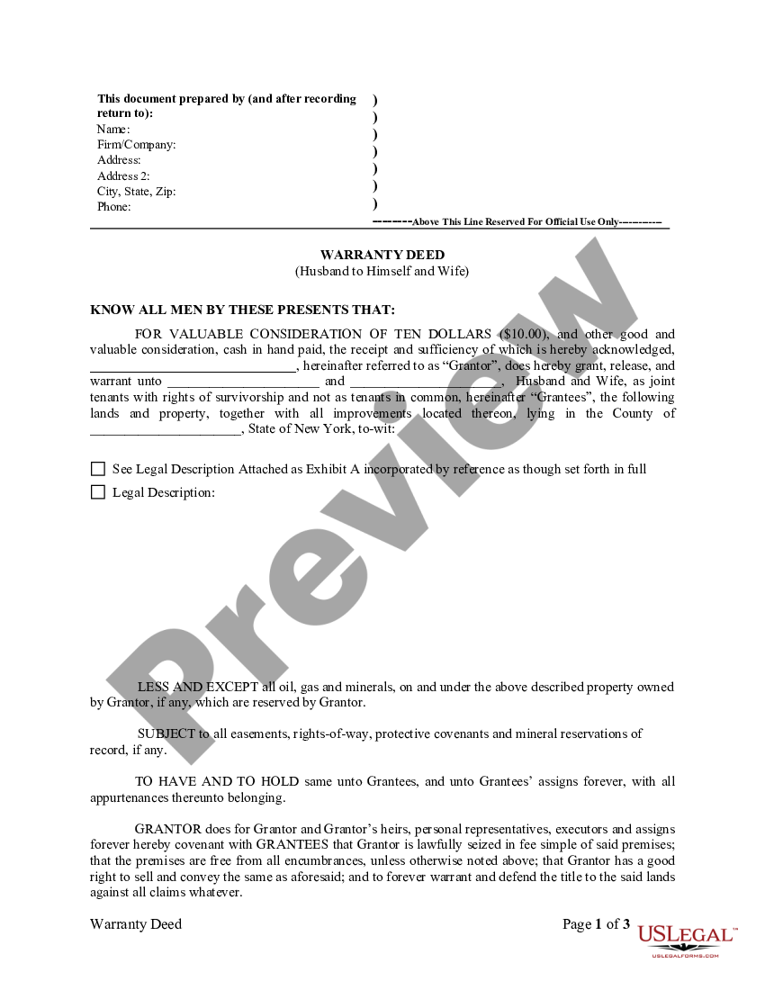 New York Warranty Deed from Husband to Himself and Wife - Deed Husband ...