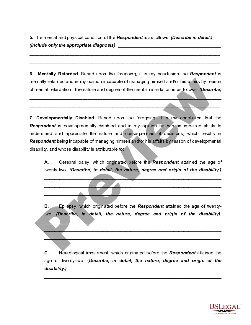 Preview Affidavit - Certification of Examining Physician or Licensed Psychologist for Proceeding for the Appointment of a Permanent Legal Guardian of the Person and Estate of an Adult due to Mental Illness