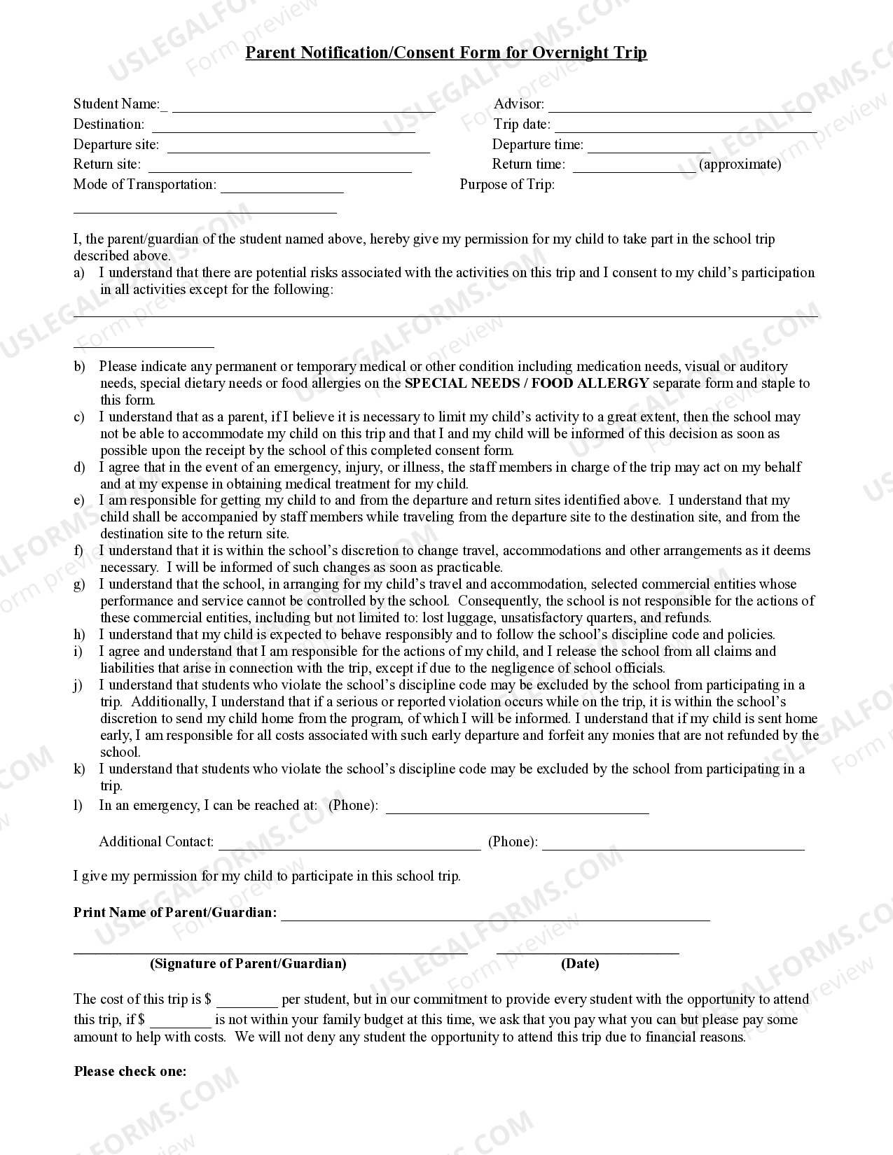 New York Parent Notification/Consent Form for Overnight Trip US Legal