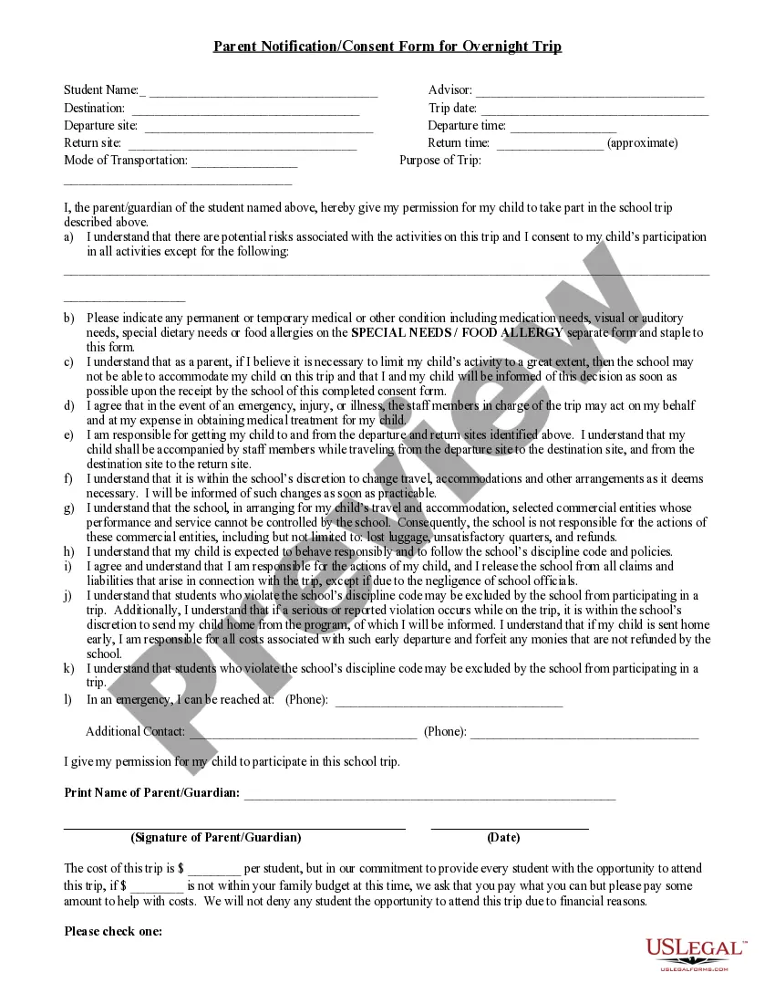 Preview Parent Notification/Consent Form for Overnight Trip