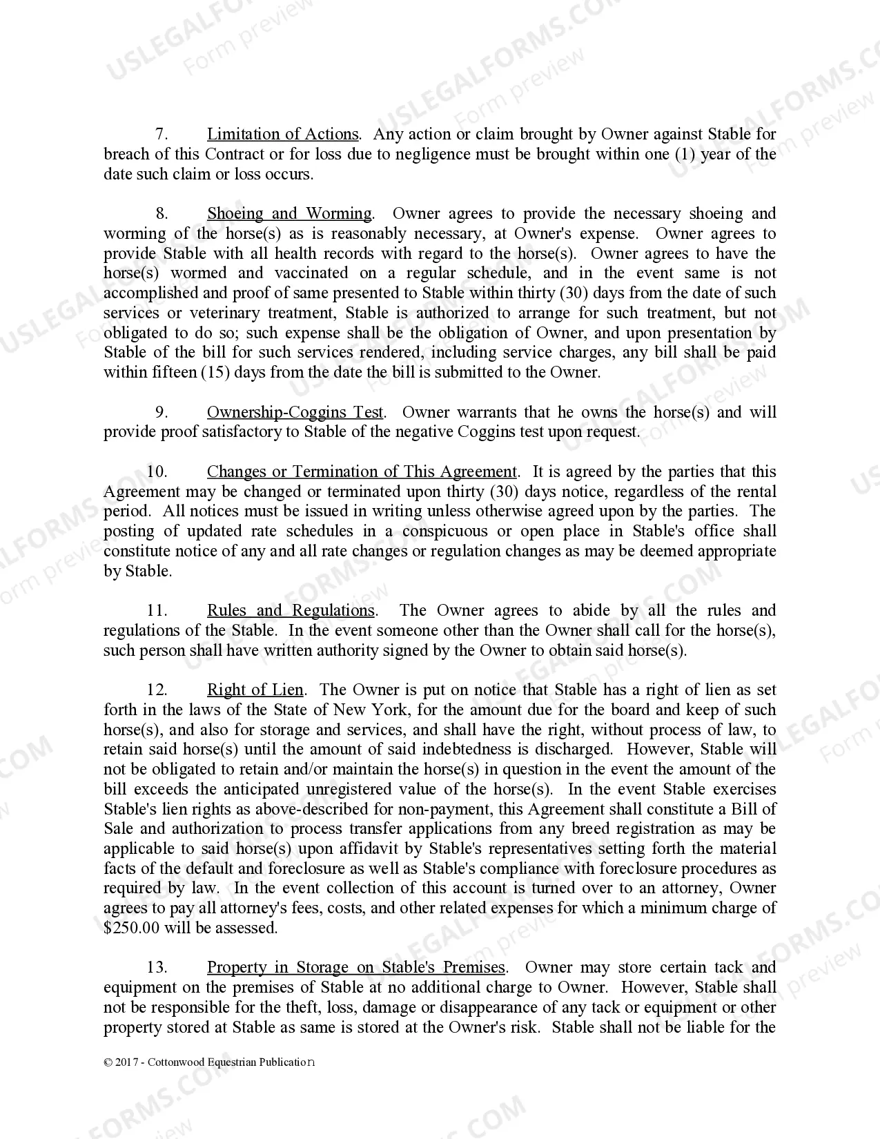 Preview Boarding Stable Agreement - Horse Equine Forms