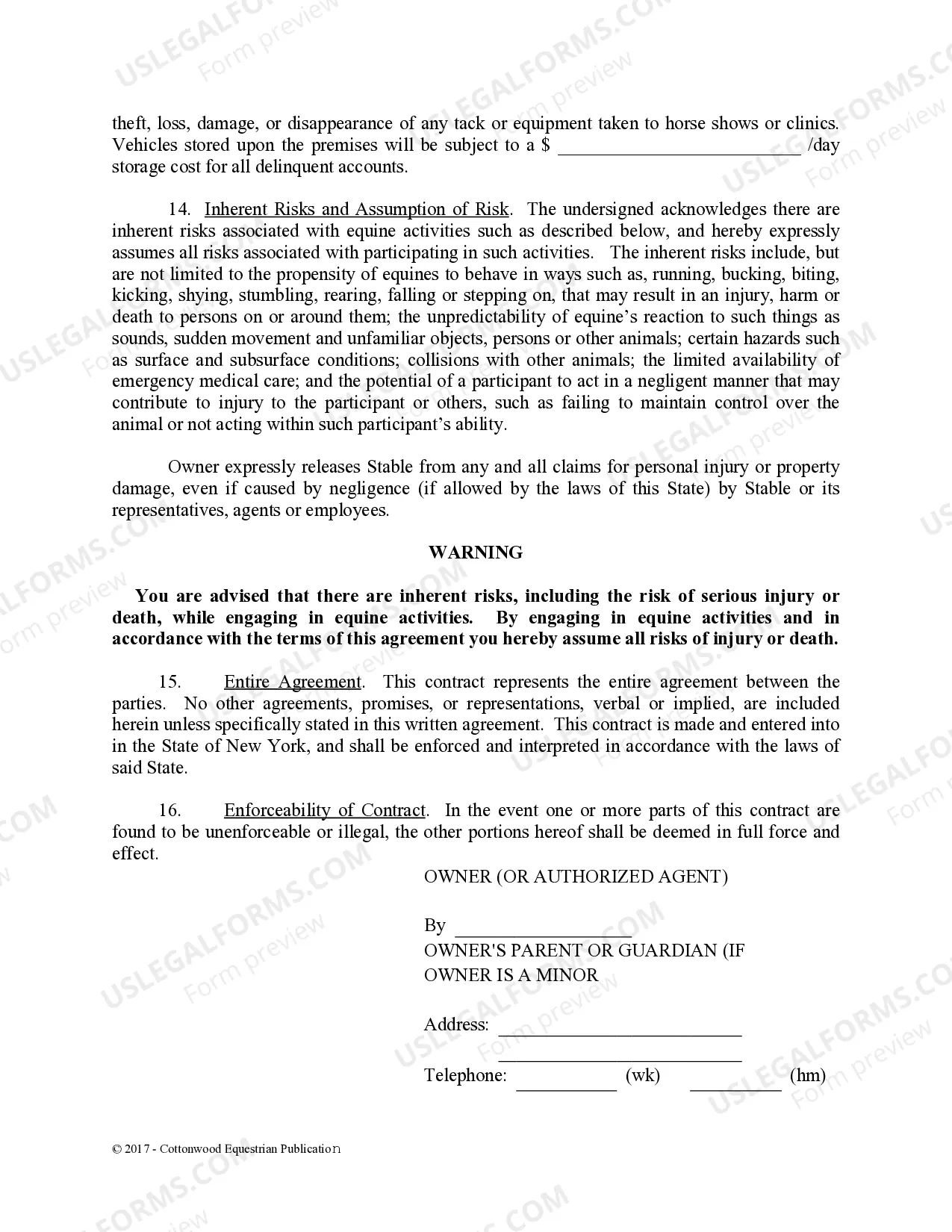 Preview Boarding Stable Agreement - Horse Equine Forms