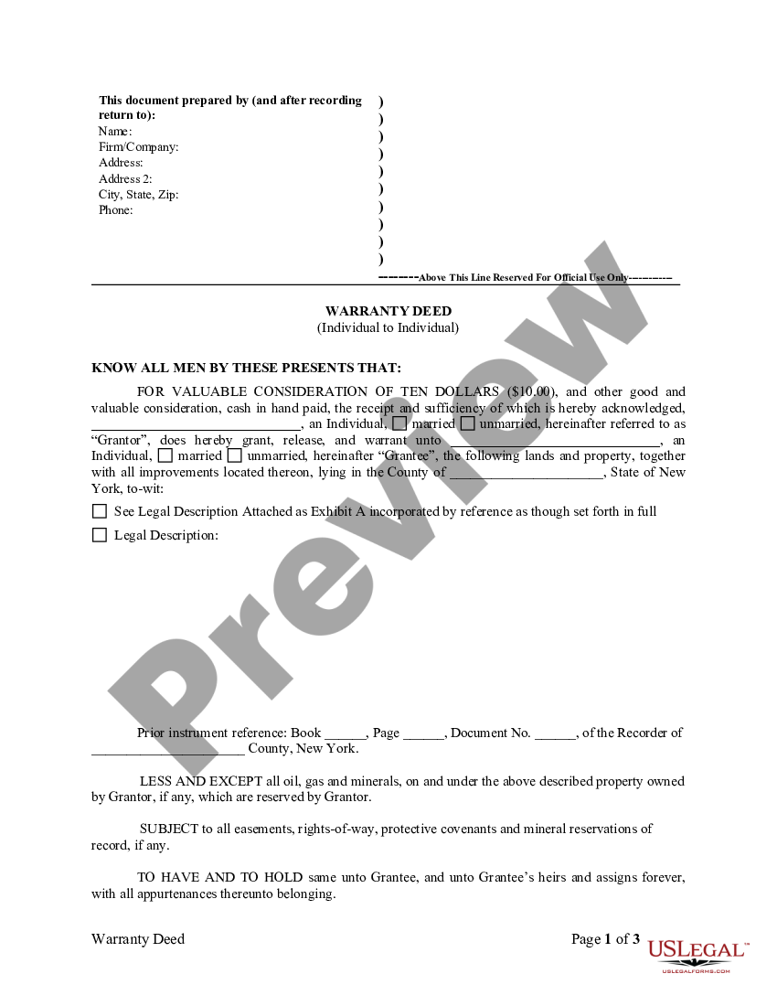 New York Warranty Deed From Individual To Individual Legal Description Of Property Example 0560