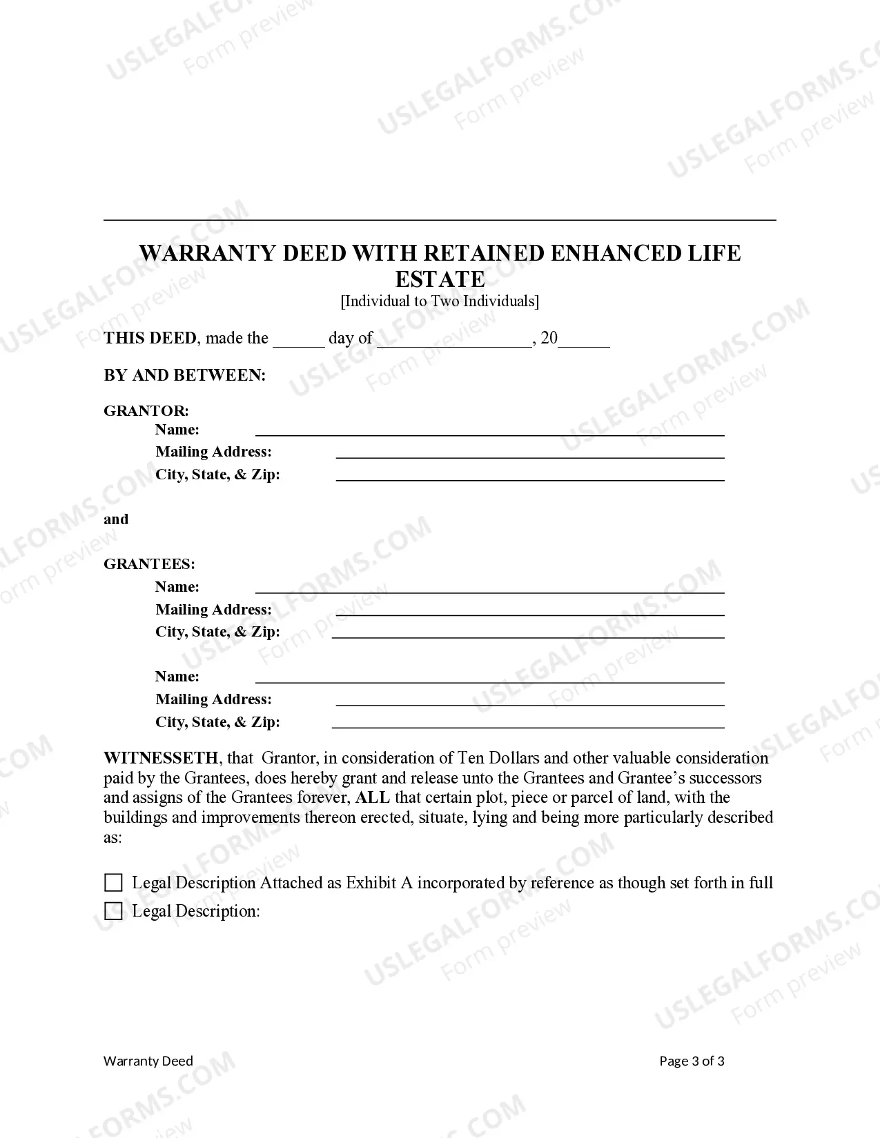 Preview Enhanced Life Estate or Lady Bird Warranty Deed from Individual to two Individuals