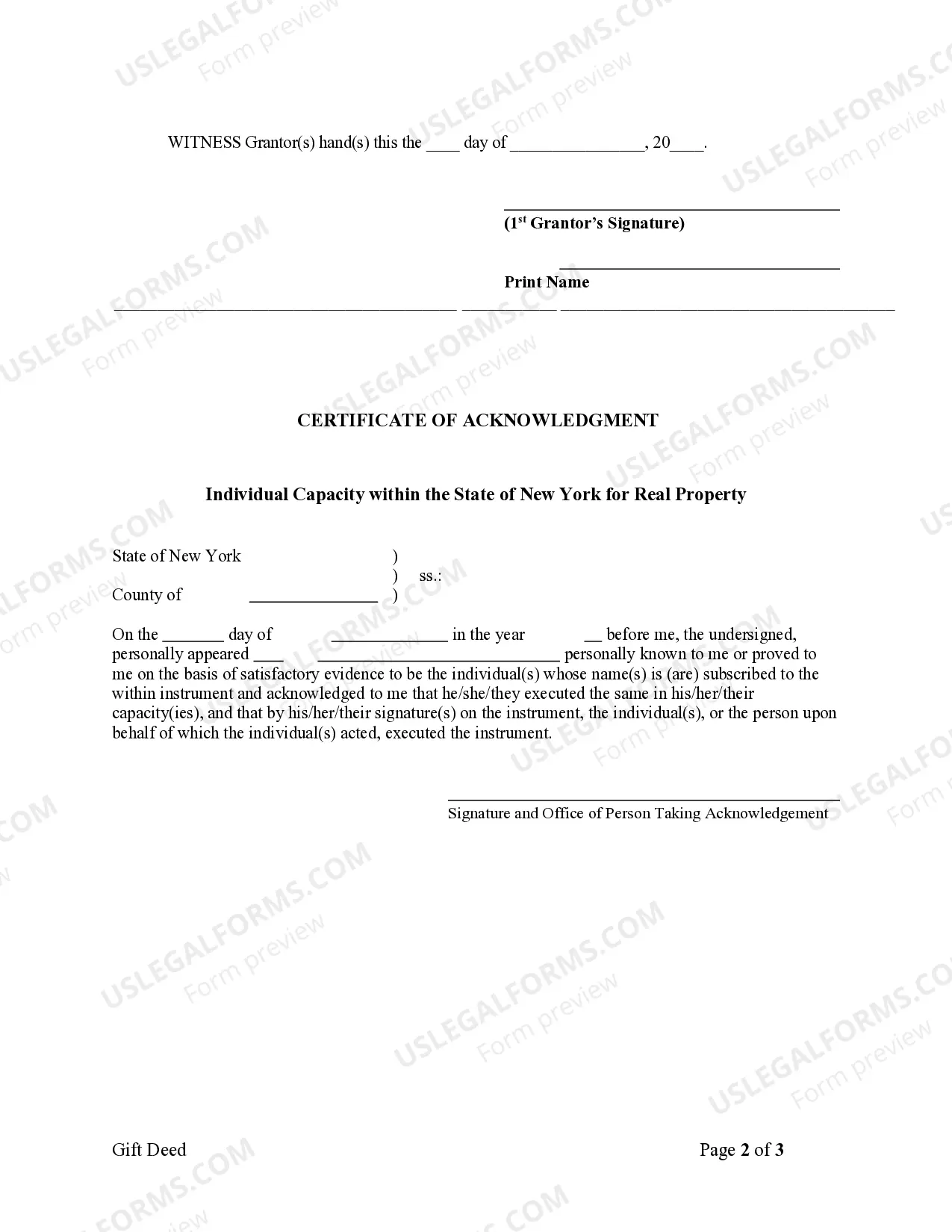 Preview New York Gift Deed for Individual to Individual