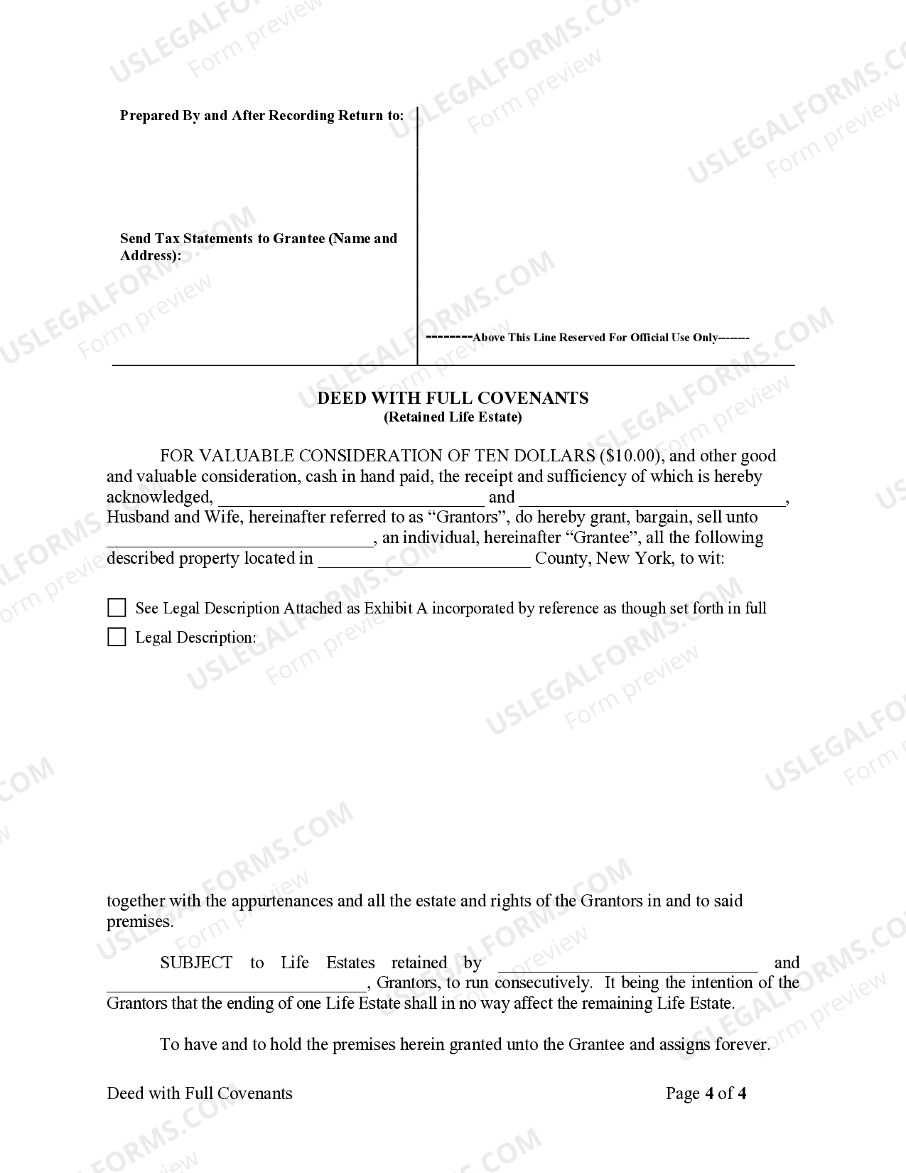 New York Warranty Deed to Child Reserving a Life Estate in the Parents