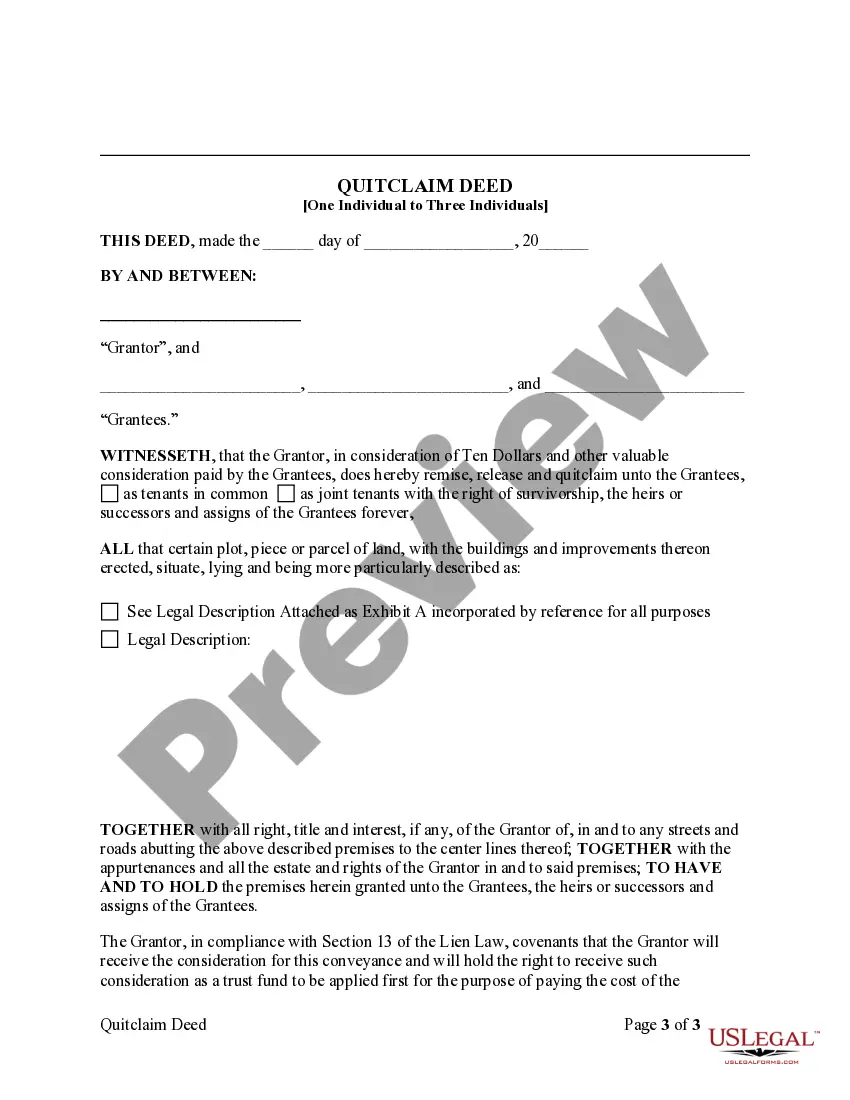 Preview Quitclaim Deed - One Individual to Three Individuals