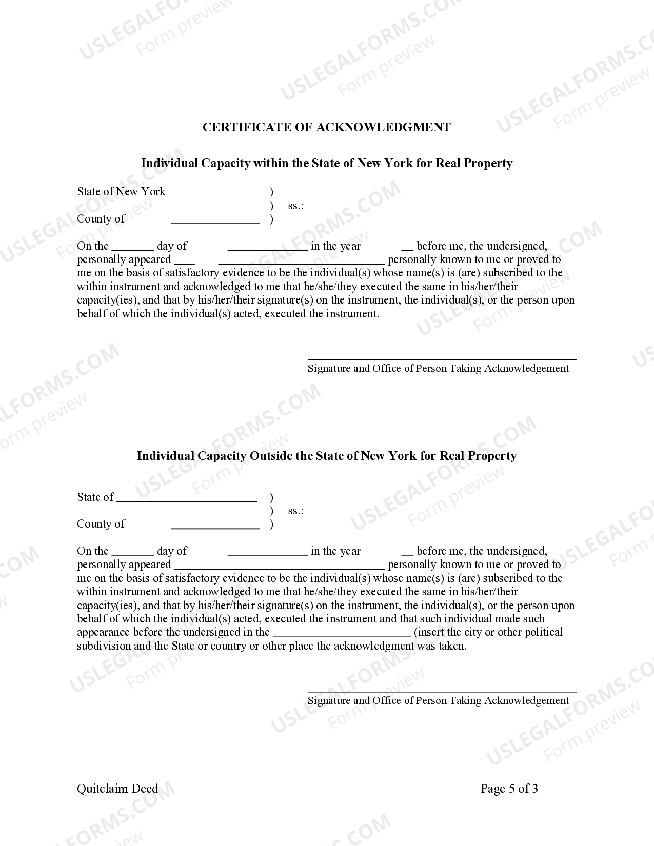 New York Quitclaim Deed - Two Individuals to One Individual - New York ...