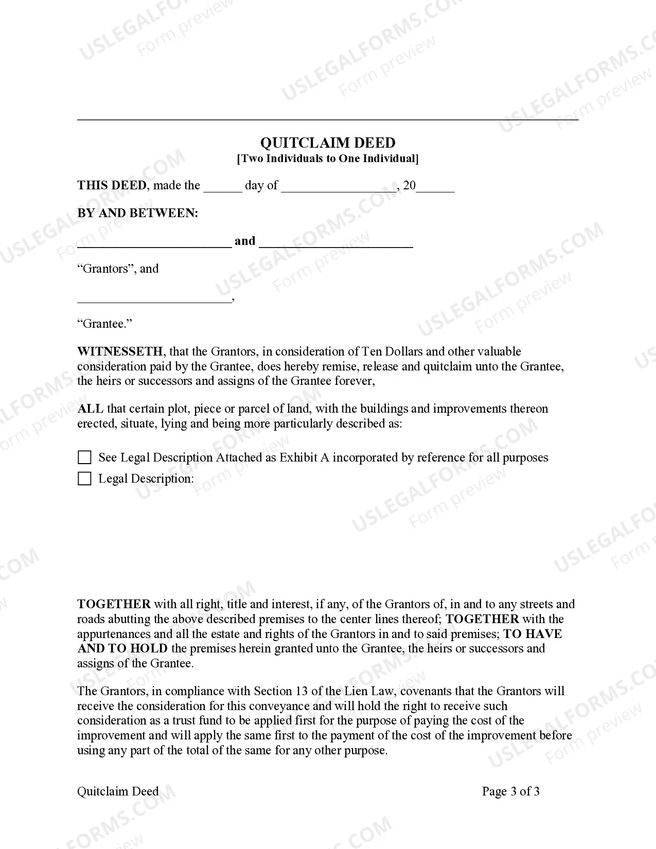 Preview Quitclaim Deed - Two Individuals to One Individual