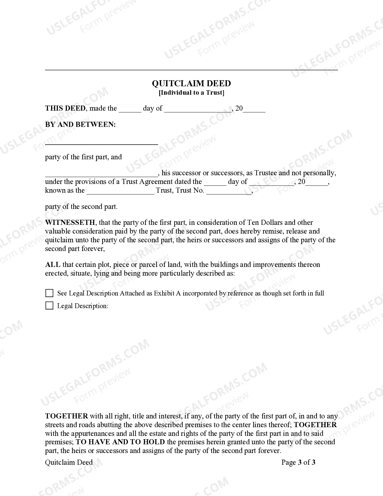 Preview Quitclaim Deed - Individual to a Trust