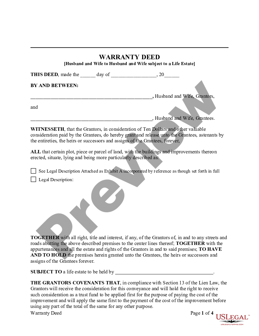 New York Warranty Deed From Husband And Wife To Husband And Wife Subject To A Life Estate New 0073