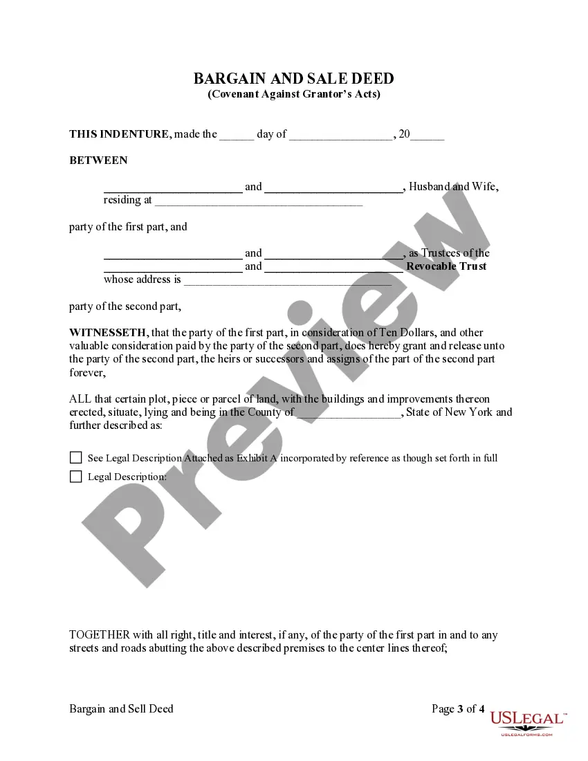Preview Bargain and Sale Deed with Covenant Against Grantors Acts - Husband and Wife to Trust