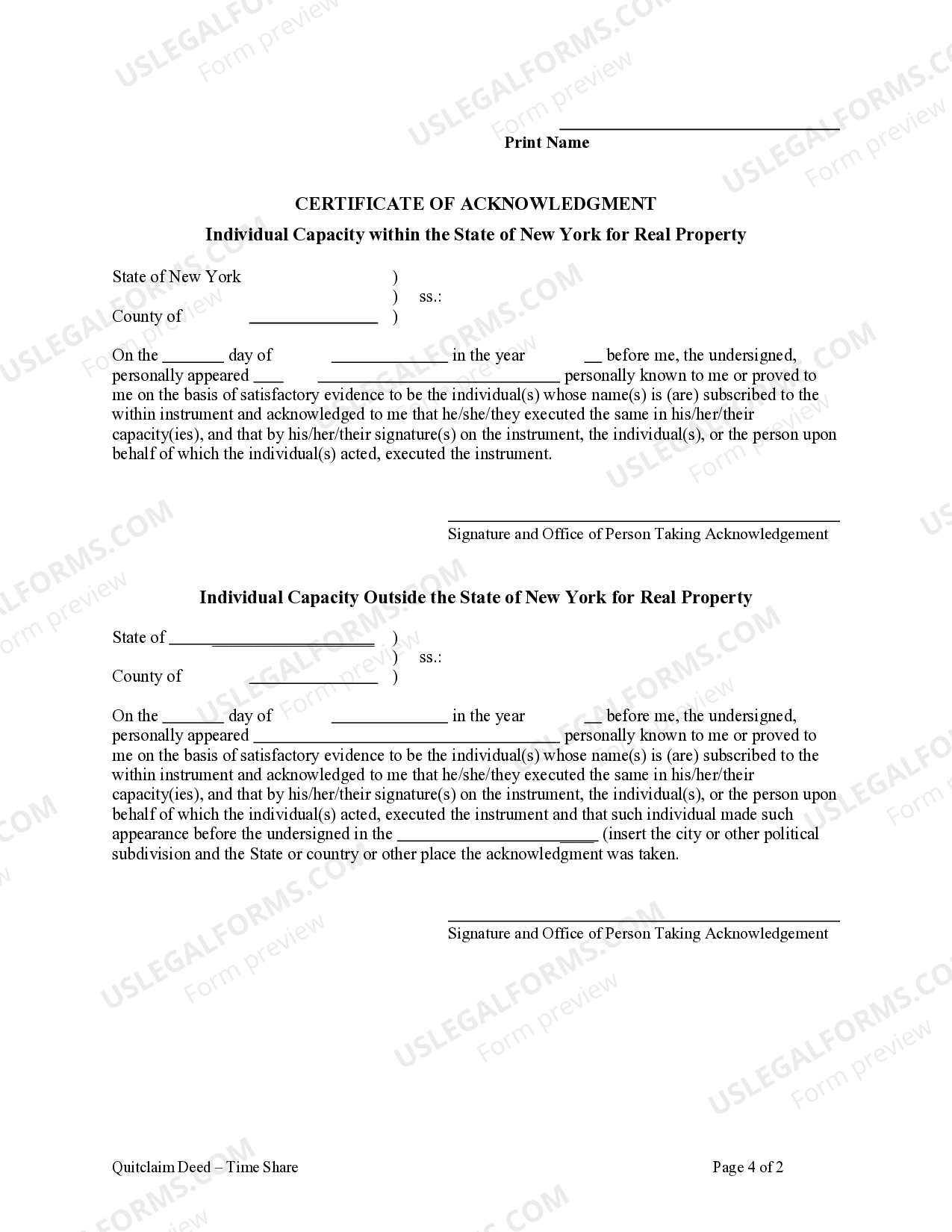 New York Quitclaim Deed for a Time Share - Quitclaim Deed Form | US ...