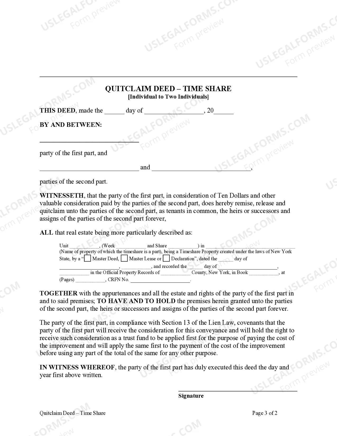 Preview Quitclaim Deed for a Time Share - Individual Grantor to Two Individual Grantees