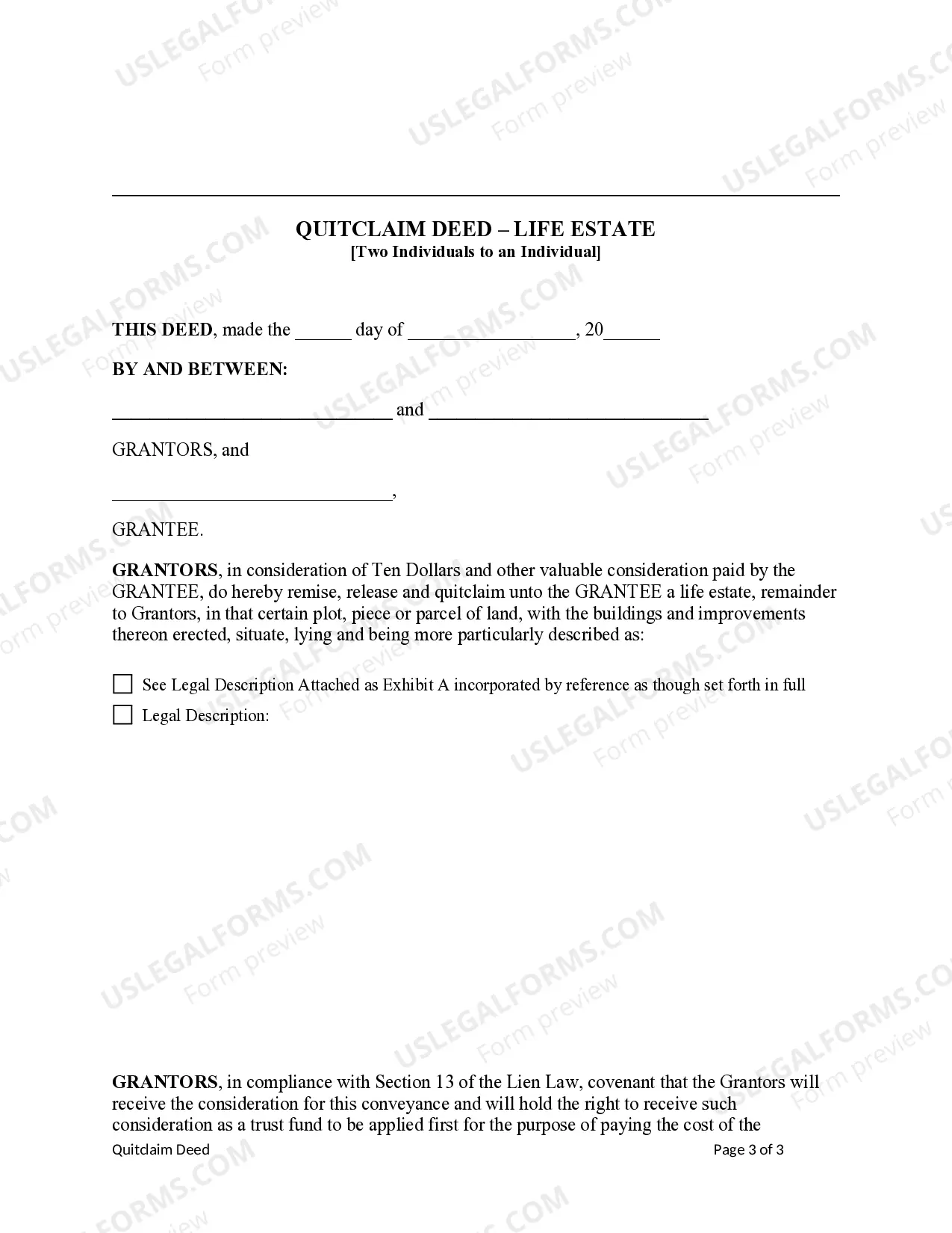 Preview Quitclaim Deed Conveying a Life Estate - Husband and Wife / Two Individuals to an Individual