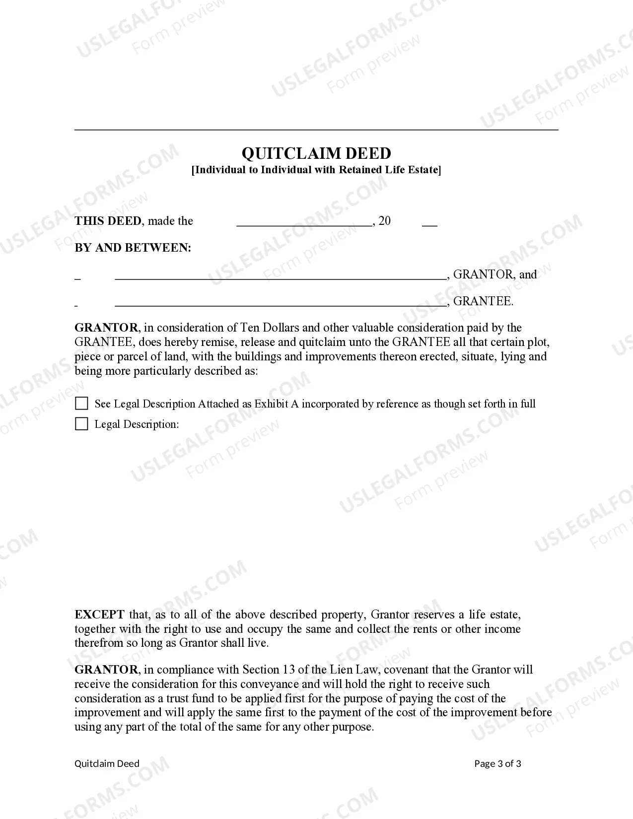 Preview Quitclaim Deed - Individual to Individual with a Retained Life Estate