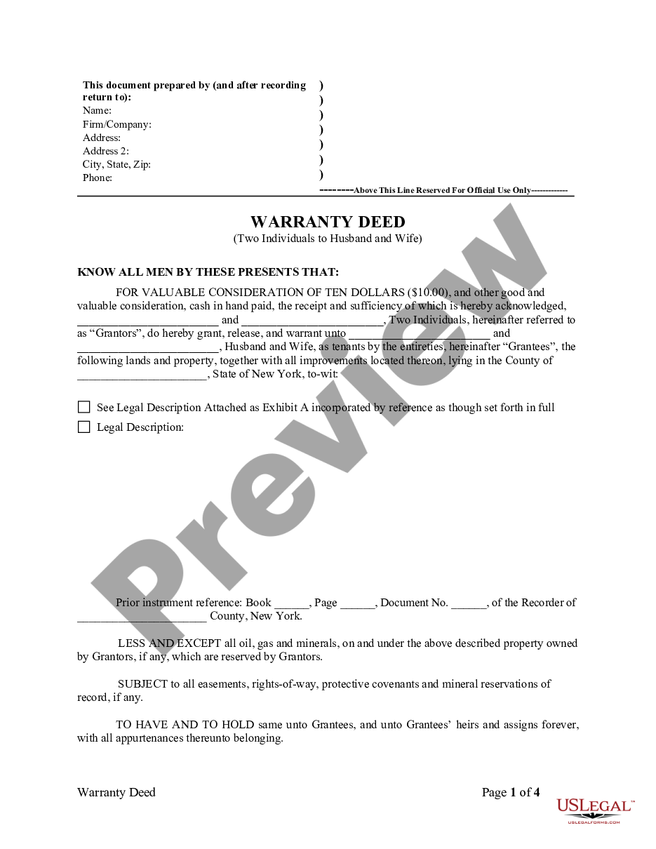 New York Warranty Deed From Two Individuals To Husband And Wife New York Deed Us Legal Forms 4179