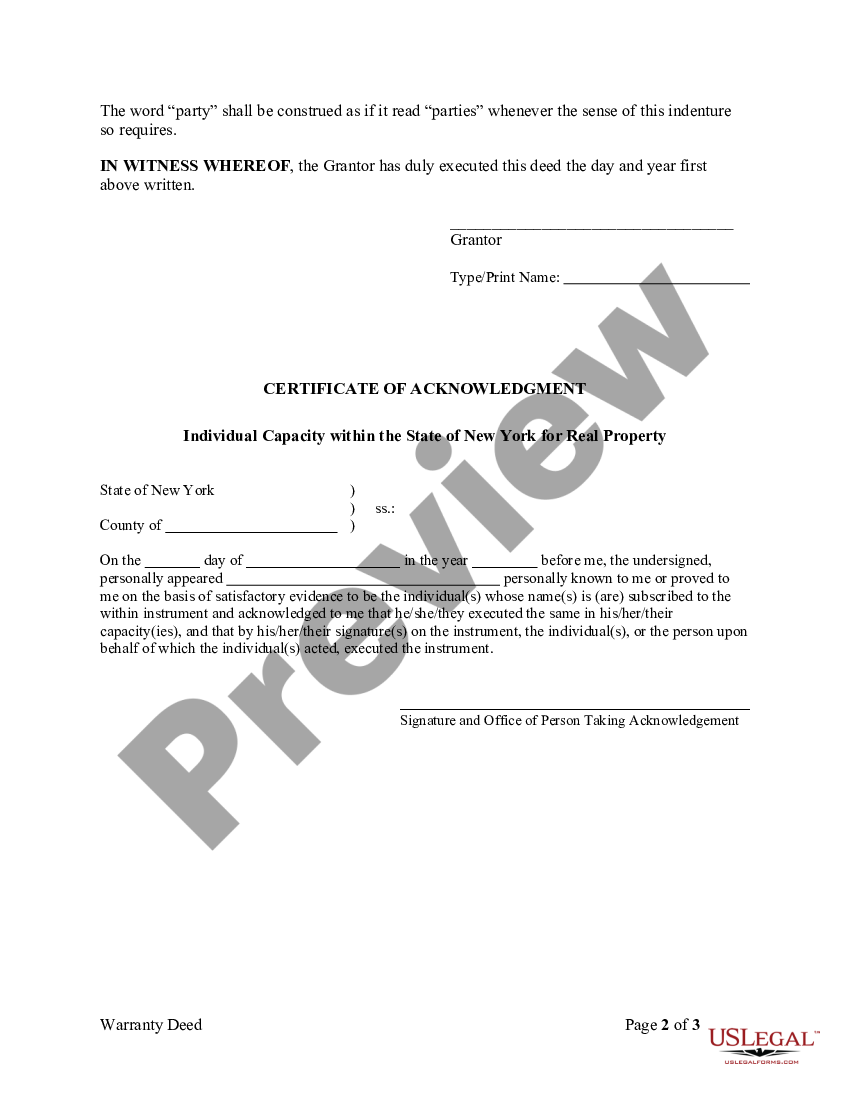 New York Warranty Deed - Deed Life Estate | US Legal Forms